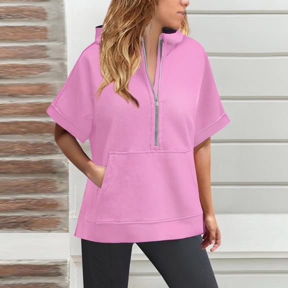 Pink Womens Fall Tops Womens Oversized Half Zip Hoodies Short Sleeve Casual Sweatshirts Pullover Tops with Pockets Sweaters for Women