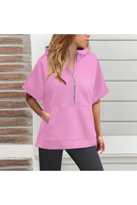 Pink Womens Fall Tops Womens Oversized Half Zip Hoodies Short Sleeve Casual Sweatshirts Pullover Tops with Pockets Sweaters for Women