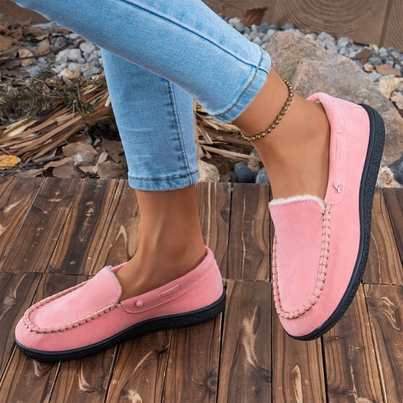 Pink Womens Flat Shoes Moccasin Style Decorative Stitching Fleece Lined Solid Color Slip On Versatile Everyday Light Office Wear Size 39