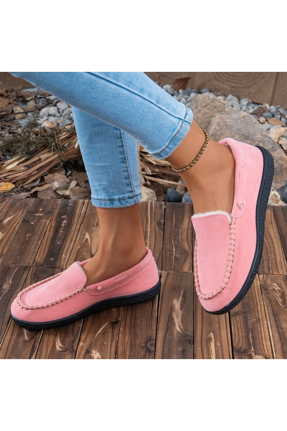 Pink Womens Flat Shoes Moccasin Style Decorative Stitching Fleece Lined Solid Color Slip On Versatile Everyday Light Office Wear Size 43