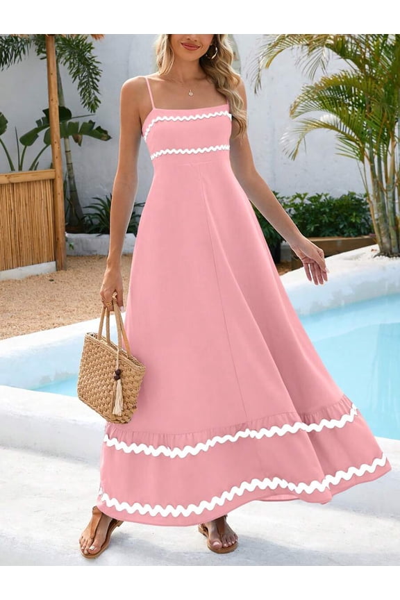 Pink Womens Flowy Sleeveless Maxi Dress With White Zigzag Trim For Beach Holiday Casual Wear