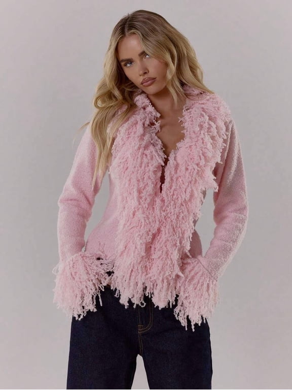 Pink Womens Fluffy Knit Cardigan With Shaggy Trim And Fringe