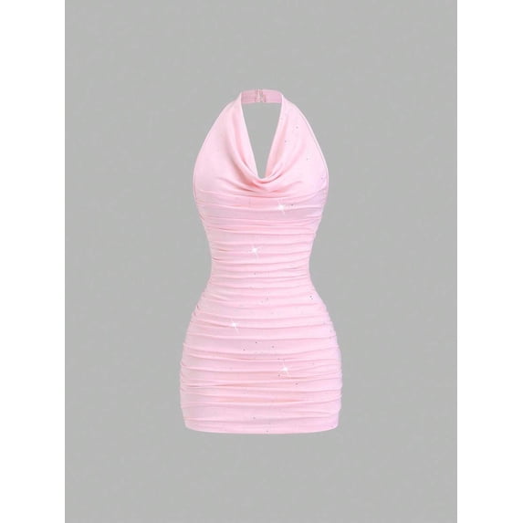 Pink Womens Halter Neck Ruched Bodycon Mini Dress With Sparkling Glitter Detail