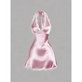 thumbnail image 1 of Pink Womens Halter Neck Satin Mini Dress With White Lace Trim A-Line Fit, 1 of 5