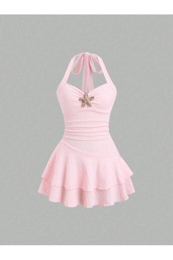 Pink Womens Halter Tie Front Ruched Bust Textured Layered Ruffle Hem Mini Dress With Starfish Appliqué