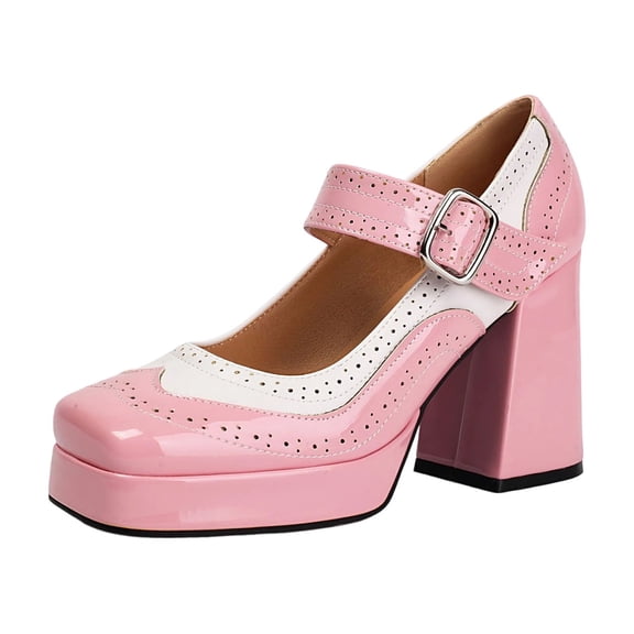 Pink Womens High Heels Thick Sole Thick Heel Color Blocked Waterproof Plus Size Toe Versatile Design Footwear