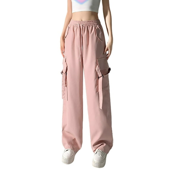 Pink Womens Joggers Fashion Streetwear Pockets Wide Leg High Waist Straight Overalls Wide Leg Pants Woman Size L