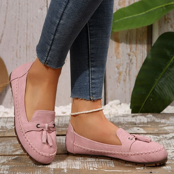 Pink Womens Loafers Fringe Trim Flat Shoes Stylish Casual Lightweight Footwear Daily Commute Leisure Outdoor Warm Cozy Versatile Solid Color Shoes Size 39
