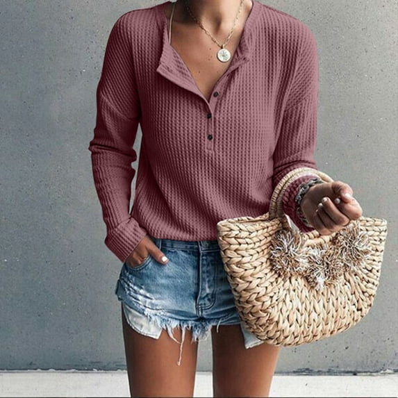 Pink Womens Oversized Tee Shirts, Spandex Womens Shirts Dressy Casual, Trendy Tops For Women 2024, Summer Shirts For Women 2024, Women's Knit Tunic Tops Loose Long Sleeve Button Up V Neck Shirts