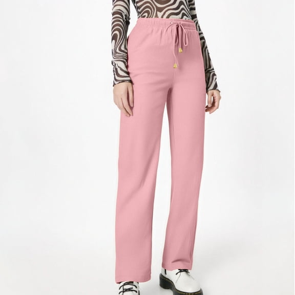 Pink Womens Pants Linen Pants Women Summer Wide Leg Pants Elastic Waist Pants High Waisted Pants Casual Beach Trousers Sweatpants Womens Fashion