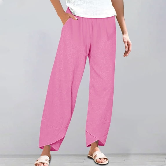 Pink Womens Pants Women's Linen Wide Leg Pants Casual Loose High Waist Beach Haren Pants Pockets Casual Pants Women