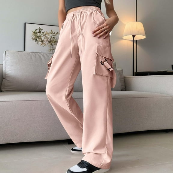 Pink Womens Pants Women's Pocket Cargo Pants Women's Trendy Elastic Waist Design Loose Tie Leggings Casual Pants Women