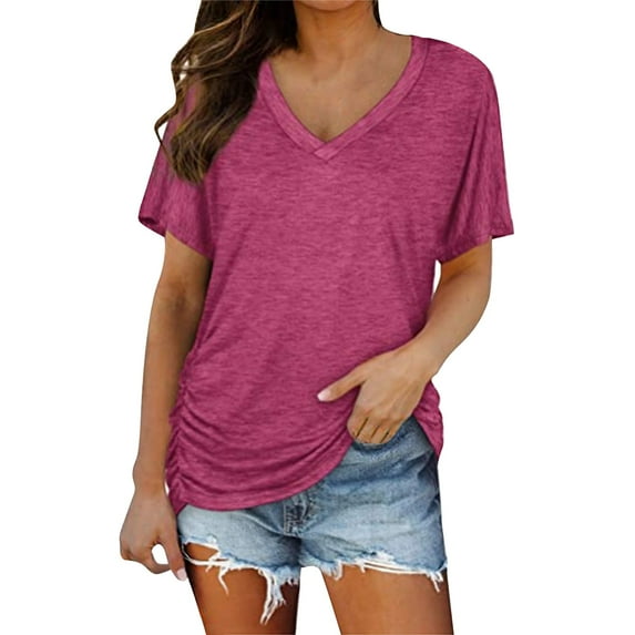 Pink Womens Plus Size Tshirts, Short Sleeve Plus Tshirts for Women Plus Size, Weekend Cotton Plus Size Spring Blouses, s V Neck Plain Color Soft Loose Fitting Summer T Shirts Women