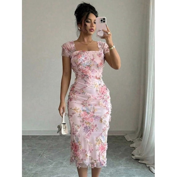 Pink Womens Romantic Floral Mesh Ruched Midi Dress With Square Neck And Short Puff Sleeves