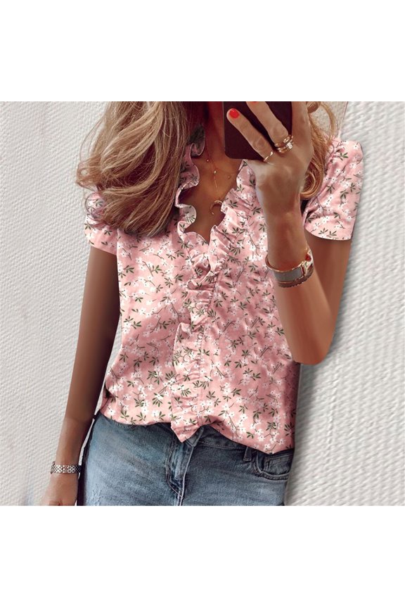 Pink Womens Shirts Women's Summer Ruffle V-Neck Short Sleeve Solid Print Casual Dressy T-Shirt Top