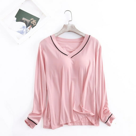 Pink Womens Sleepwear Women's Long Sleeve Sleep T Shirt Basic Layer Stretchy Shirts Neck Pajama Top