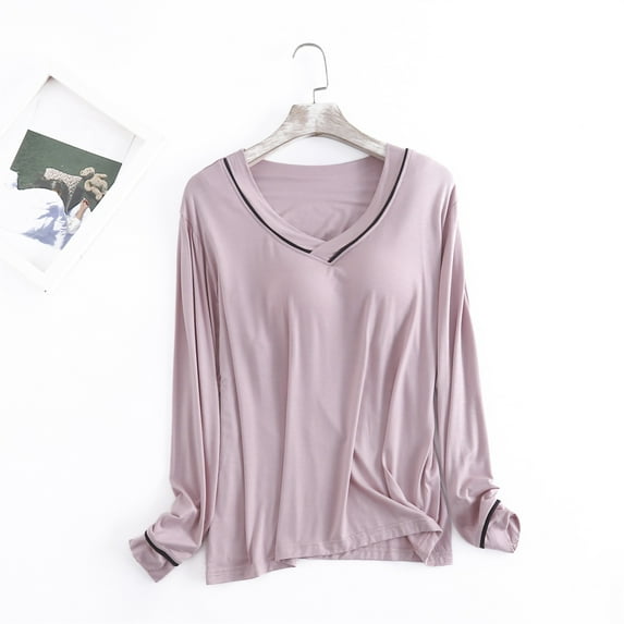 Pink Womens Sleepwear Women's Long Sleeve Sleep T Shirt Basic Layer Stretchy Shirts Neck Pajama Top