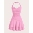 thumbnail image 1 of Pink Womens Slim Fit Ruched Halter Mini Dress With Tiered Flounce Skirt, 1 of 4
