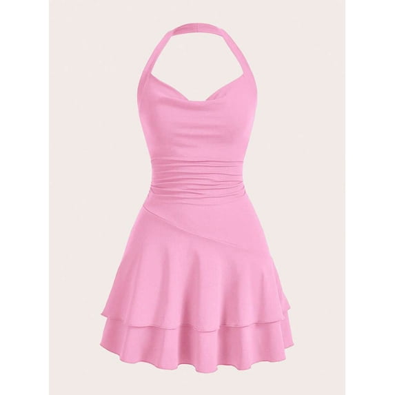 Pink Womens Slim Fit Ruched Halter Mini Dress With Tiered Flounce Skirt