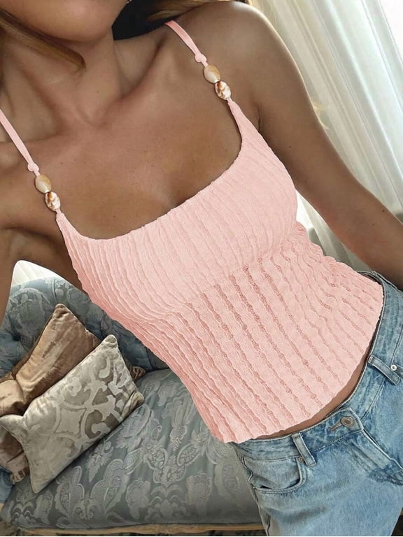 Pink Womens Summer Casual Fitted Tank Top With Shell Bead Straps And Crinkled Jacquard Texture