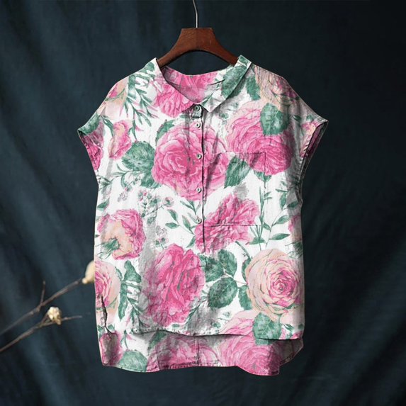 Pink Womens Summer Tops Cute Tops for Women Collar Non Sleeve Linen Shirts Plus Size Floral Blouses Casual Summer Clothes Going Out Tops for Women