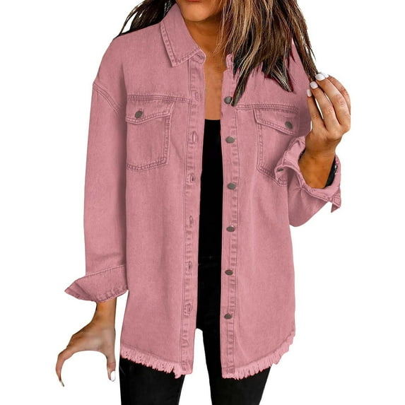 Pink Womens Summer Tops Washed Denim Shirt Jacket Fashion Casual Women's Jacket Shirts for Women
