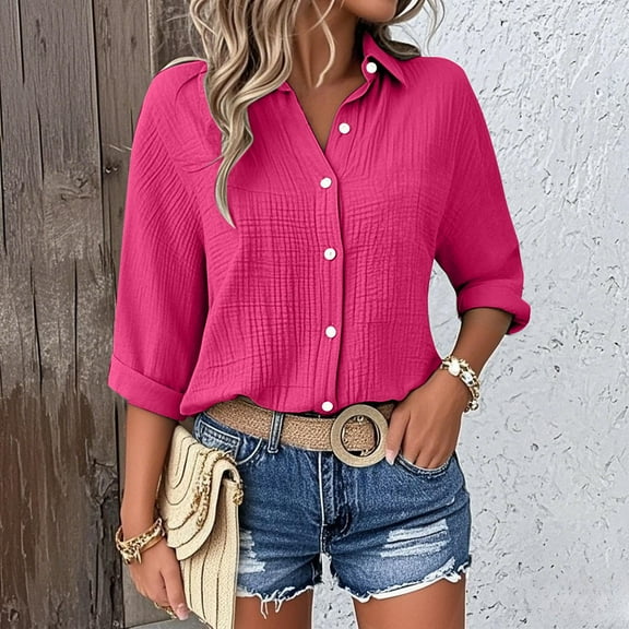 Pink Womens Summer Tops Women's Cotton Button Up Shirt With Rolled Sleeves And 7 Inch Sleeves Women's Summer Casual V Neck Beach Cotton Top Shirts for Women