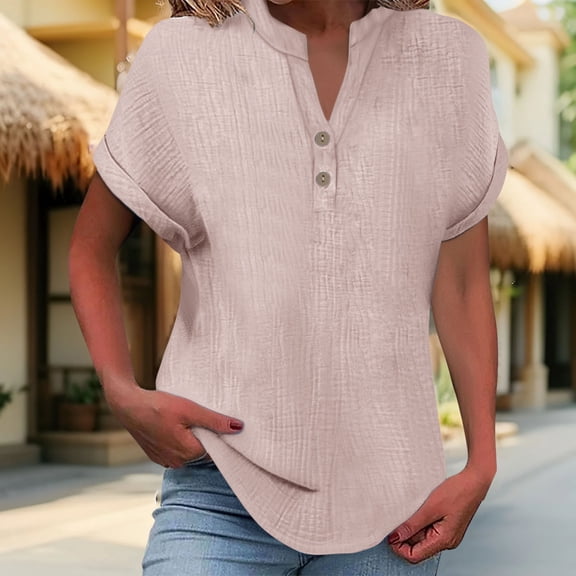 Pink Womens Summer Tops Women's Fashionable And Casual Solid Color V Neck Wrinkle Cloth Button Short Sleeve Rolled Up T Shirt Top Shirts for Women