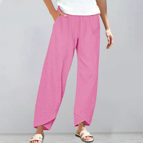 Pink Womens Sweatpants Women's Linen Wide Leg Pants Casual Loose High Waist Beach Haren Pants Pockets Casual Pants Women