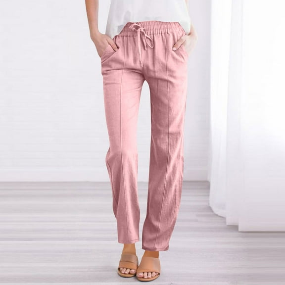 Pink Womens Sweatpants Women's Solid Color Cotton and Linen Loose Casual Wide Leg Long Pants Sweatpants Womens Fashion