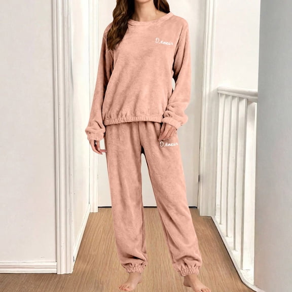 Pink Womens Sweatshirt D.ketin Women's Fashion Warm Two Piece Set Winter Thickened Coral Fleece Comfortable Lazy Person's Cuffed Leisure Pajamas Womens Fashion Clothing