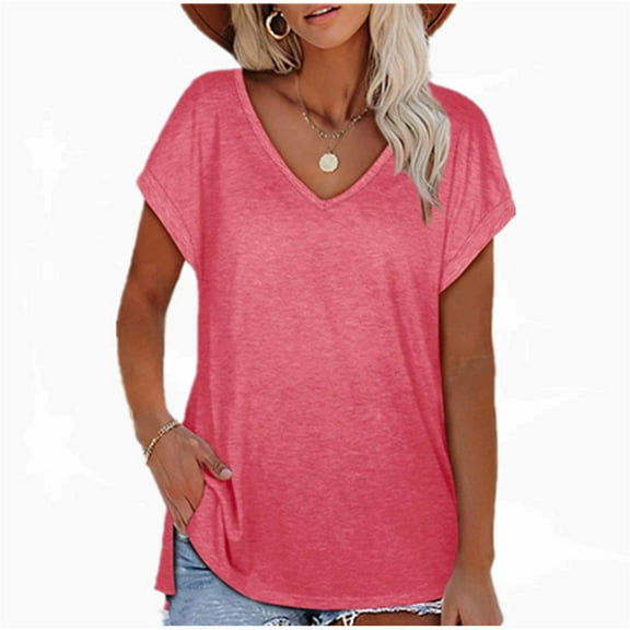 Pink Womens Tops 2025 European and American Fashion Solid Color Slit V Neck Short Sleeved Ladies T Shirts for Women