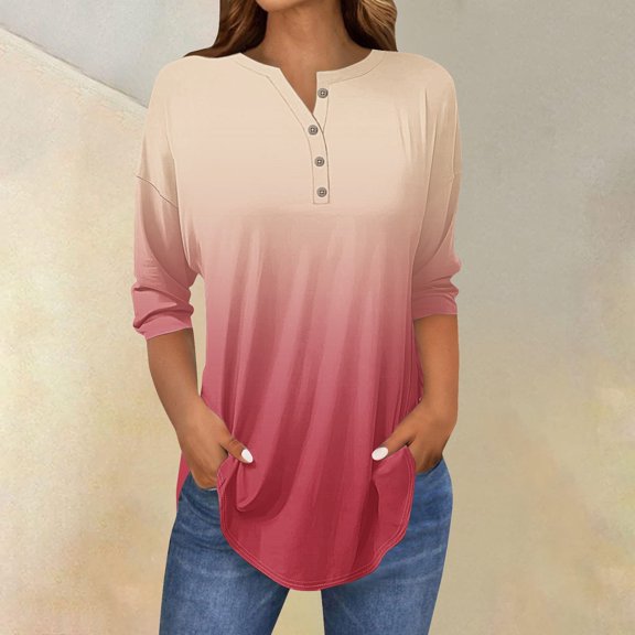 Pink Womens Tops 3/4 Length Sleeve Womens Tops 2025 Spring Neck Casual Print Tunic T Shirts Three Quarter Length Womens Tops Shirts for Women