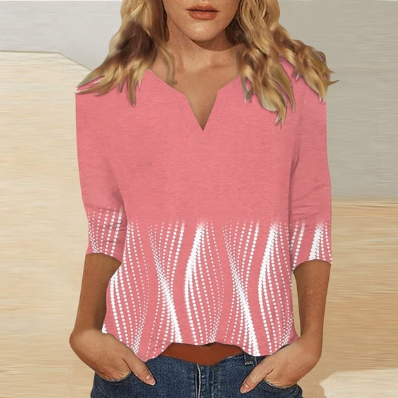 Pink Womens Tops 3/4 Sleeve Tops for Women Summer Notched V Neck Plain T Shirts Casual Cute Three Quarter Length Blouses Shirts for Women
