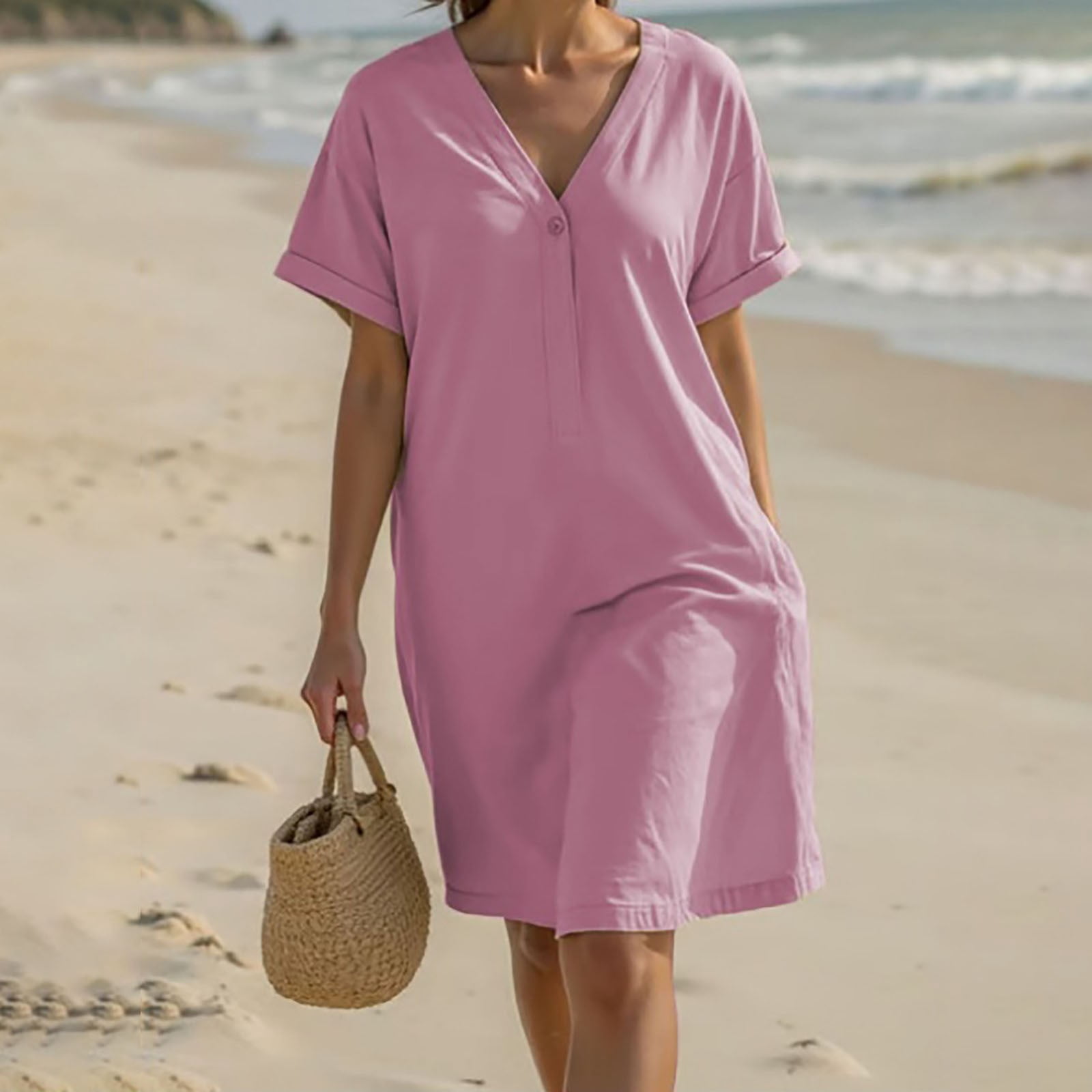 Robe D'été Femme 2025 - Col V Boutonné, Manches Courtes, Coupe A En Coton-lin, Taille S à 2XL - 6