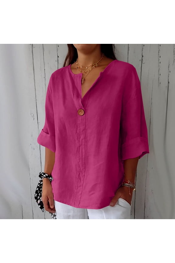 Pink Womens Tops Linen Shirt for Women Summer Cotton and Linen V Neck 3/4 Sleeve Top Loose Holiday Beach Shirt Tunic Top Shirts for Women