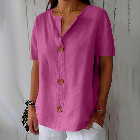 Pink Womens Tops Linen Shirts for Women Summer Cotton Linen V Neck Short Sleeve Tops Loose Vacation Beach Solid Blouses Tunic Tops Shirts for Women