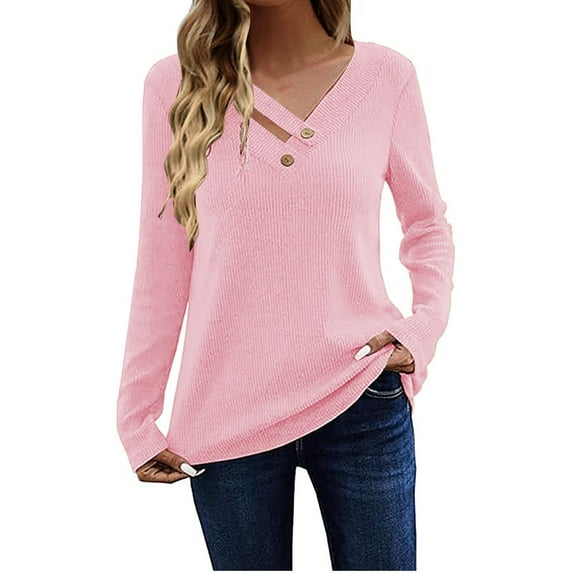 Pink Womens Tops Long Sleeve Shirts for Women Casual Ribbed Knit Tops Loose Fit Comfy V Neck Tunic Tops Trendy Tshirts Blouses Shirts for Women