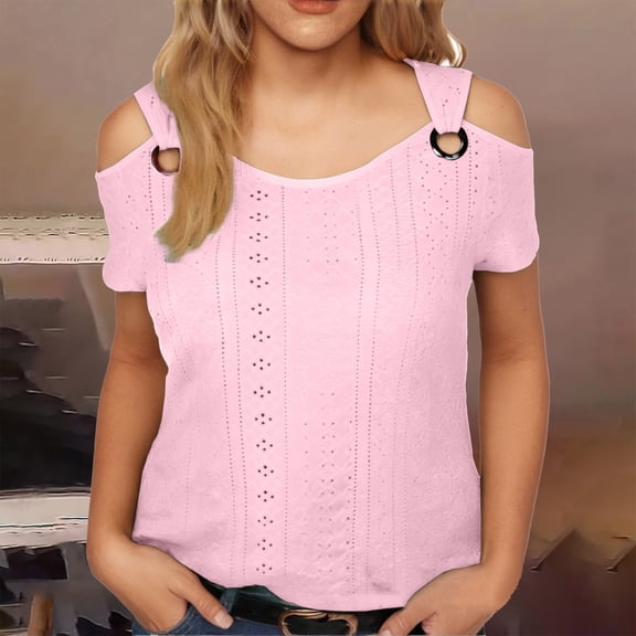 Pink Womens Tops Summer Tops for Women 2025 Eyelet Cold Shoulder Short Sleeve T Shirts Solid Casual Ring Hollow Top Basic Shirts Tees Shirts for Women