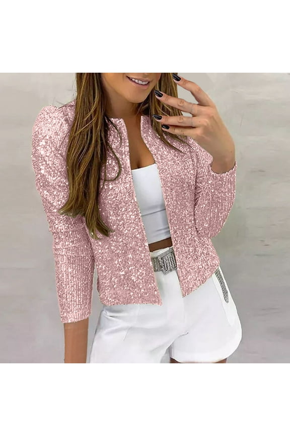 Pink Womens Tops Women Casual Fashion Sequin Sequins Sparkling Cardigan Jacket Shirts for Women