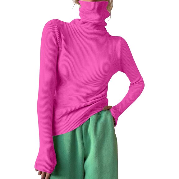 Pink Womens Tops Women Turtleneck Ribbed Knit Sweater Top Thumb Hole Long Sleeve Mock Neck Solid Slim Fit Casual Knitted Jumper Shirts for Women