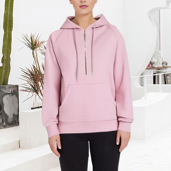 Pink Womens Tops Women's Check Zipper Hoodie Long Sleeved Hoodie Fall Outfits for Women 2025