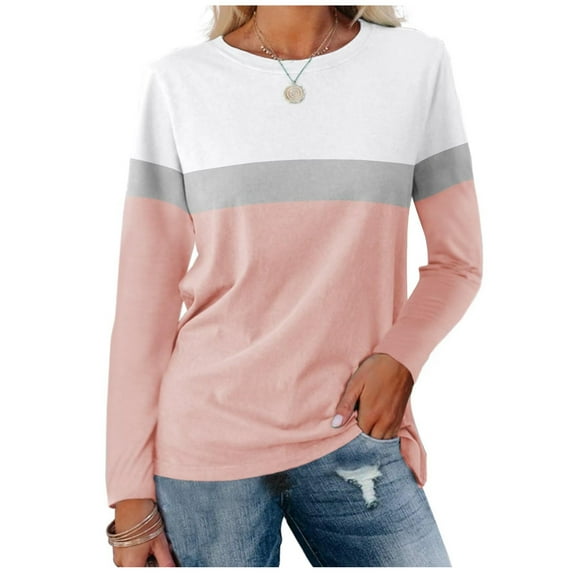 Pink Womens Tops Women's Color Block Tunic Tops Casual Long Sleeve Shirts Round Neck Pullover Shirts for Women