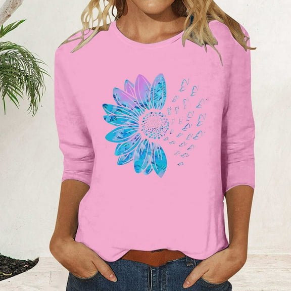 Pink Womens Tops Women's Crew Neck Printed Seven Quarter Sleeve Casual T Shirt Top Shirts for Women