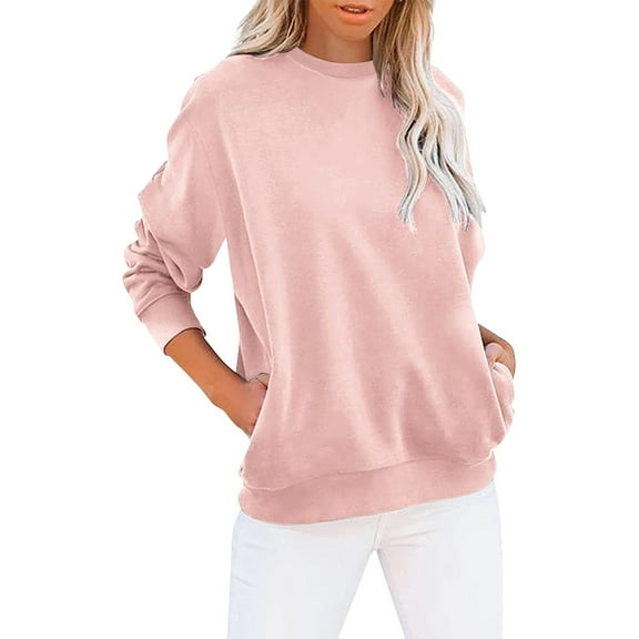 Pink Womens Tops Women's Crew Neck Solid Color Sweatshirt Tops Long Sleeves Casual Pullover Cute Lightweight Loose Tops Fall Outfits for Women 2025