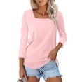 thumbnail image 1 of Pink Womens Tops Women's Fashionable and Casual Solid Color Square Neck Three Quarter Sleeve Top T Shirt Going Out Tops for Women, 1 of 5