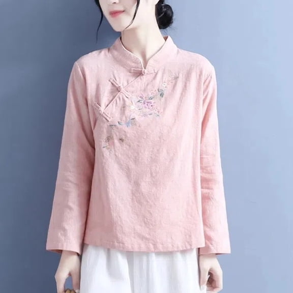 Pink Womens Tops Women's Large Size Cotton and Linen Stand Up Collar Disc Buckle Embroidered Long Sleeve Literary Vintage Blouse Going Out Tops for Women