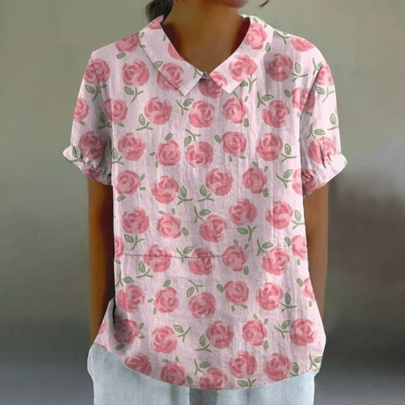 Pink Womens Tops Women's Linen Lapel Art Floral Round Neck Button Loose Pullover Top Casual Shirt T Shirts for Women