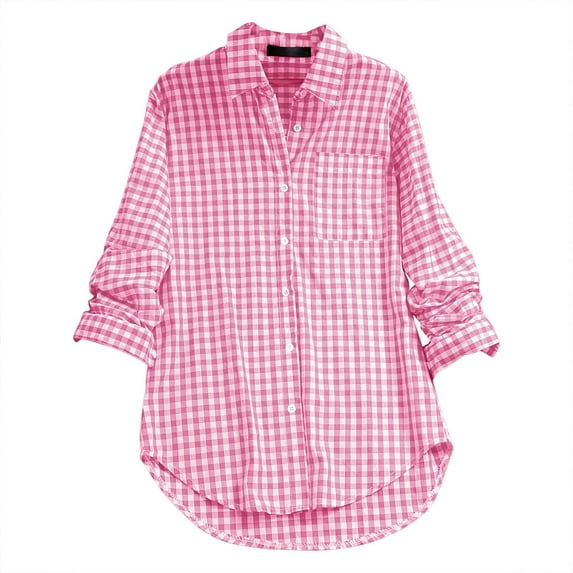 Pink Womens Tops Women's Plaid Lapel Long Sleeve Vintage Shirt Top Going Out Tops for Women