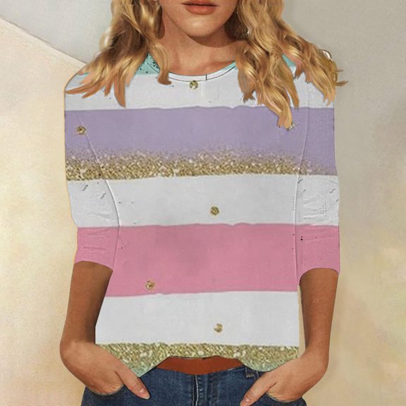 Pink Womens Tops Women's Spring Round Neck Regular Printed Loose Casual Seven Quarter Sleeve T Shirt Shirts for Women